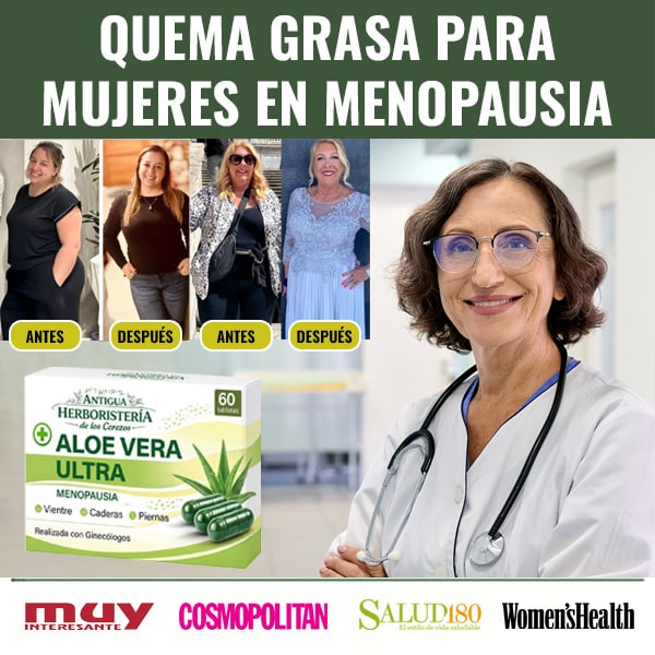 Mujer en menopausia con doctora y suplemento de aloe vera para quema grasa.
