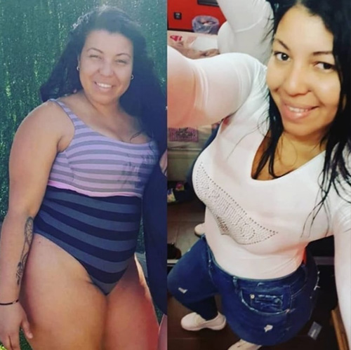 Donna felice che mostra miglioramenti di salute con spirulina.