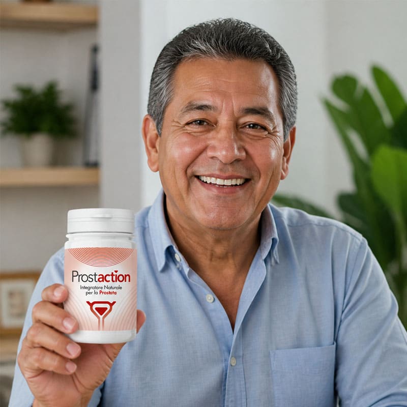 Uomo sorridente con integratore naturale per la prostata in mano.