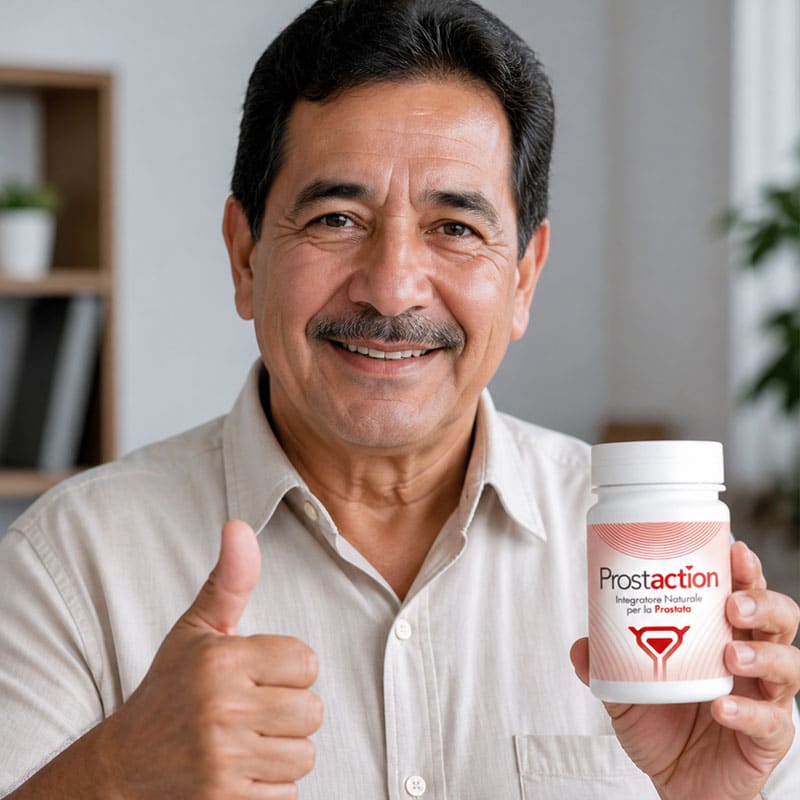 Uomo sorridente con integratore ProstaAction in mano, salute prostata.