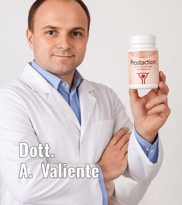 Uomo in camice bianco con integratore ProstaAction per prostata.