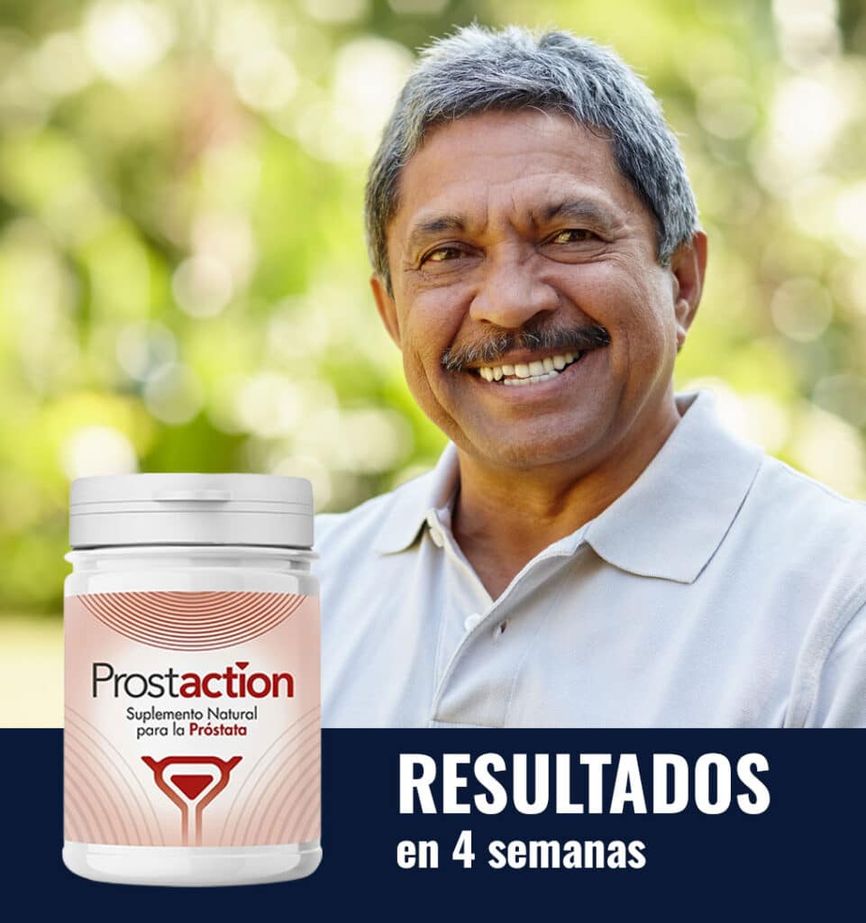 Hombre mayor sonriendo con suplemento Prostaction en primer plano.