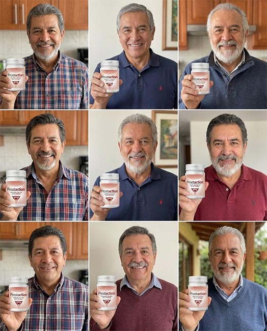 Uomini sorridenti con integratori Prostaction in cucina e all'aperto.